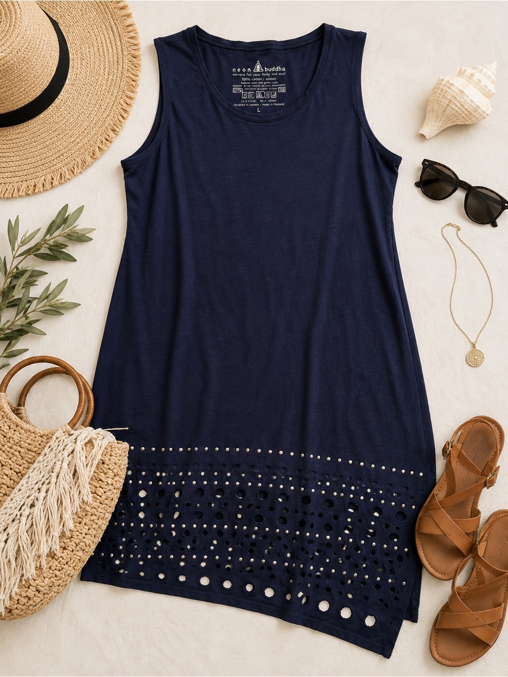NEON BUDDHA Heartbeat Navy Studded Eyelet Asymmetrical Shift Dress L Lagenlook - Picture 5 of 16